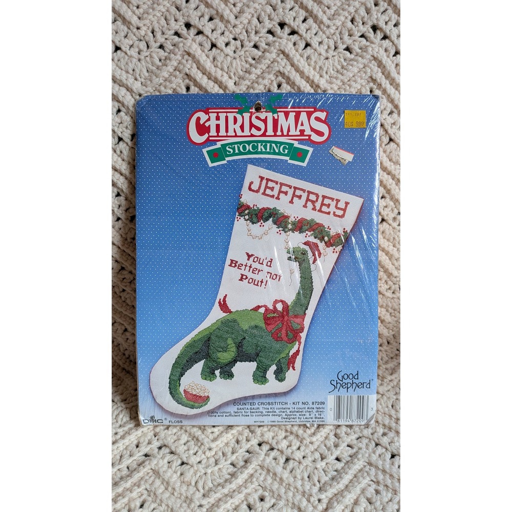 Good Shepherd Santa-Saur Dinosaur Cross Stitch Stocking Kit 87209 Vintage 1988